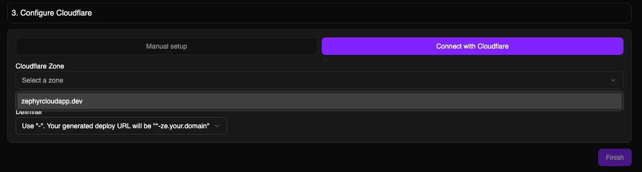 Cloudflare zone selection after authorizing Zephyr